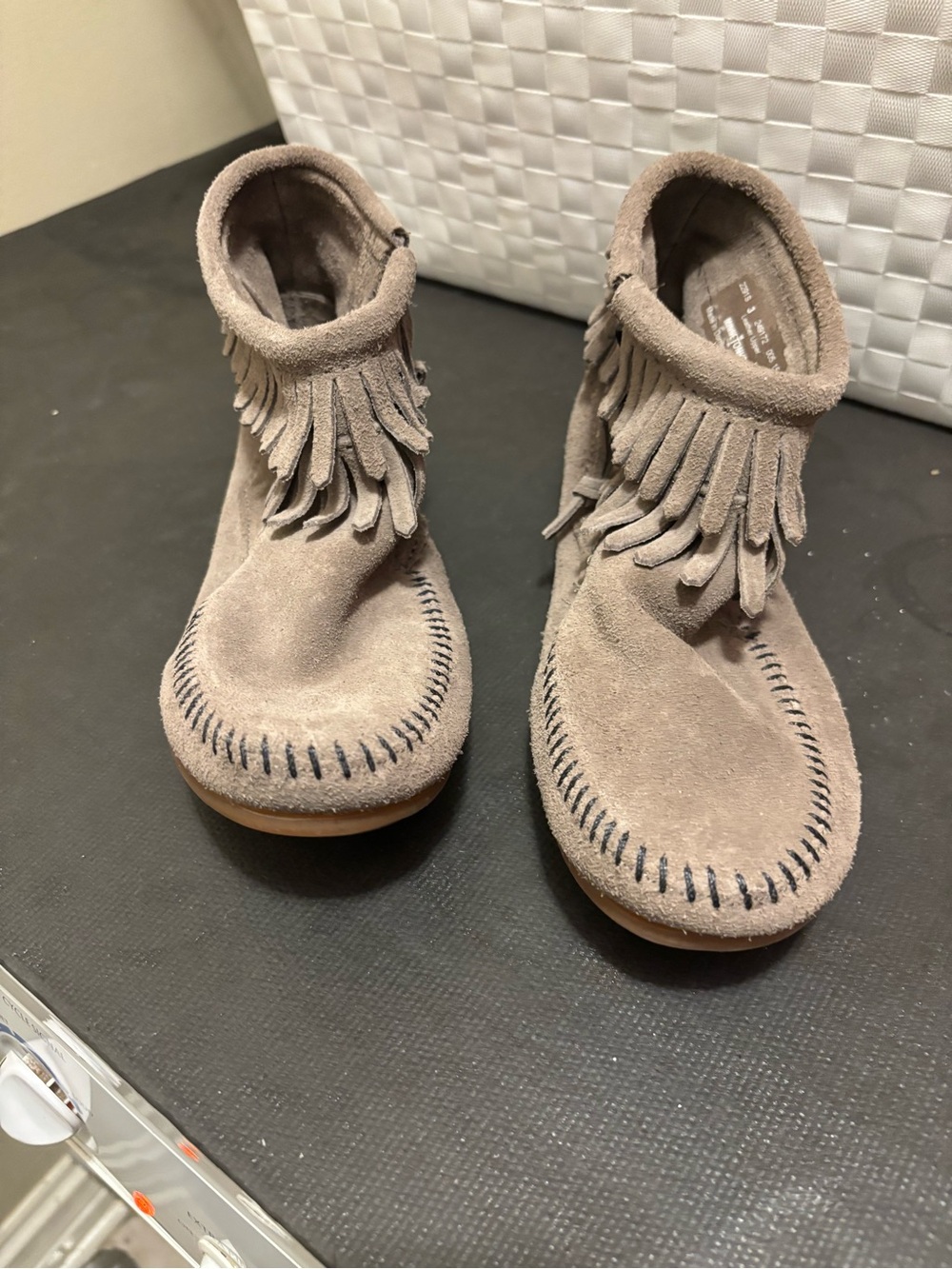 Minnetonka Kids Suede Fringe Moccasins - Taupe